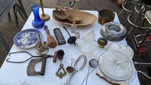 lot 134 image: AntiqueVintage Home Collectables - Ice Tongs, Mini Coal Hod, Bill Paper Spike, Kitchen Items, Oil Lamp Base, Towel Holder, Glass Items