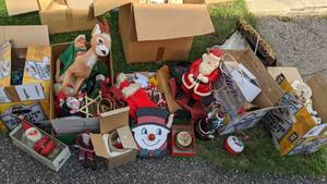 lot 136 image: Christmas Decor - Large and Mini Bulb Strands, Vintage DecorOrnaments, Light-Up Santa, Nativity & Manger