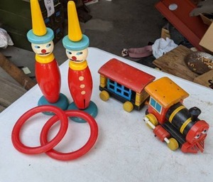 lot 137 image: Vintage Wooden Toys - Fisher Price Train, Clown Ring Toss