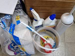 lot 207 image: Everything But the Bathroom Sink Lot-Toilet Paper, Cleaning Supplies, First Aid, and Resin & Clay