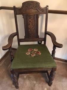 lot 30 image: Antique Needlepoint Chair & Wall Hangings