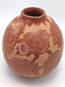 lot 6 image: Beautiful, Large Gwen Tafoya Rose Themed Santa Clara New Mexico Sgraffito Pottery Vase