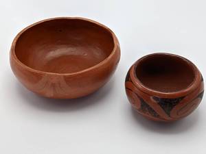 lot 128 image: (2) Signed Red Clay Native American Pottery Bowls