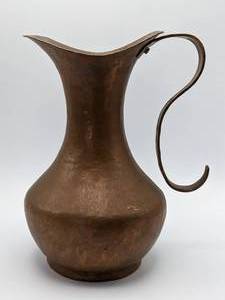 lot 131 image: Large Santa Clara del Cobre Hand Wrought and Hammered Copper 11.5 Pitcher and Copper 12 Platter