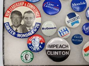lot 150 image: Vintage Assortment of Political Campaign Pinbacks  Buttons Reagan  Bush, Carter  Mondale, Gore, Dayton, etc.