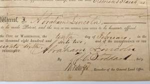 lot 4 image: Civil War Era President Abraham Lincoln Hand Signed Officers & Soldiers Bounty Land Document