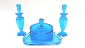 lot 419 image: Antique Blue Glass Perfume Bottles, Powder Jar, and Tray