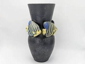 lot 446 image: JMN 1987 Signed Black Fired Vase with Angel Fish, 15
