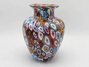 lot 447 image: Vecchia Murano Italian Millefiori Art Glass Vase w Original Sticker