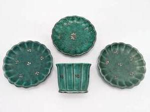 lot 216 image: (3) Three 1930s Gustavserg Swedish Art Pottery Pieces with Sterling Silver Berry Design