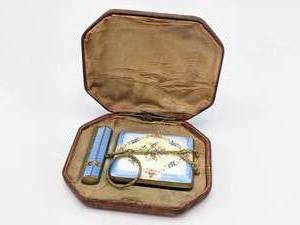 lot 221 image: Finberg F.M. Co. Guilloch Cloisonn Lipstick Compact with Original Box - Belonged to Walter Mercado