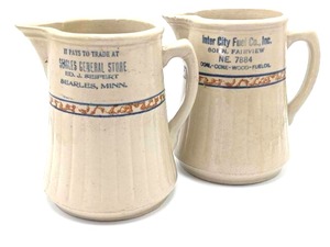 lot 237 image: (2) Antique Red Wing Gray Line Sponge Line Stoneware Pottery Pitchers