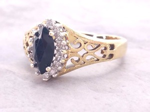 lot 54 image: Antique Styled Natural Blue Sapphire and Diamond Ring With 14k Gold Scroll Band