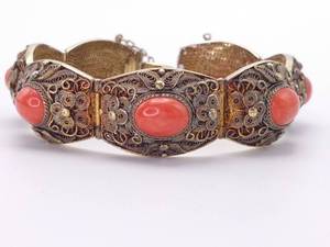 lot 58 image: Vintage Ornate Chinese Silver Bracelet with Coral colored Gemstones Given to General John W Vessey