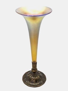 lot 5A image: Antique Tiffany & Co Furnaces Gold Favrile Glass Vase with Signed Bronze Base 15 Tall