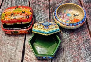 lot 432 image: (3) Group Featuring Fine Asian Cloisonne Bowl, Vintage Painted Lacquered Box, and Covered Dish