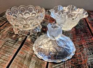 lot 429 image: (3) Group Fenton, etc. Ruffled Candy Dish w Original Label, Fenton Candle Holder, and Early Pattern Dish
