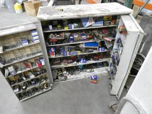 lot 20 image: Vintage service station parts cabinet FULL of parts, lock is broke but can be replaced
