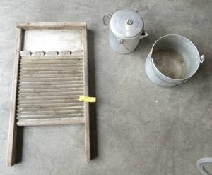 lot 70 image: nice washboard and camping coffee pot and kettle