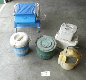 lot 75 image: group of fishing items, minnow buckets, bait containers, fold up chair with a tackle box, rod and drink holder