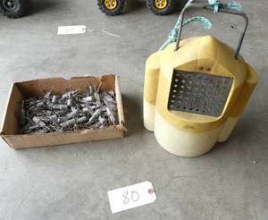 lot 80 image: Box full of salmon hooksweights and a minnow bucket