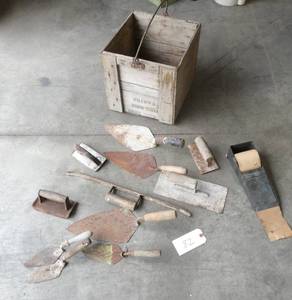 lot 82 image: old wooden crate with cement tools