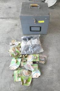 lot 90 image: Metal storage box with a bunch of plastic 1 tees and hose couplings