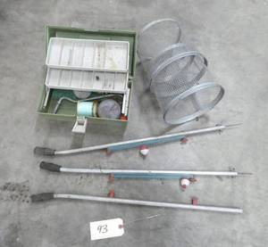 lot 93 image: Fishing tackle box, bait trap and 3 ice fishing poles
