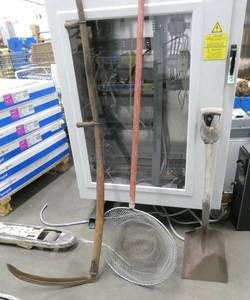 lot 114 image: Shovel, scythe, minnow scoop