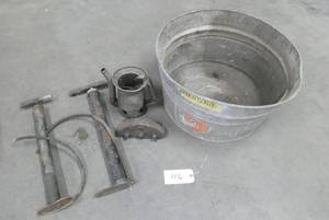 lot 116 image: vintage bicycle tire pumps, oil can and wash tub