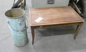 lot 120 image: Vintage end table and tall metal can