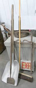 lot 124 image: Grain shovel, broom, exit sign, spade, and a stancion