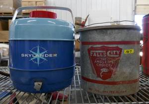 lot 167 image: super nice condition vintage water jug with an enamel inside, minnow bucket missing the cover