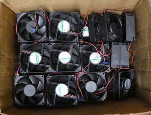 lot 182 image: 2 boxes full of computer parts, fans, various cabling, ac adapters, mice