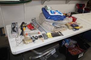 lot 472 image: Lot of Paint Supplies  - Tarps, Brushes, Trowels, Trays, Mixer Blades, Sandpaper, Misc. Paint Supplies