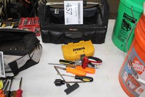 lot 457 image: Soft Side Tool Caddy  with Hand Tools - Screwdrivers, Bit Set, T-Handle Wrench
