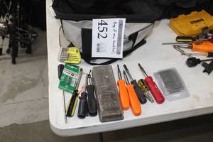 lot 452 image: Lot of Hand Tools  - Screwdrivers, Drill Bits, Bit Set, Soft Side Tool Bag