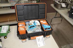 lot 507 image: Plumbing Supplies  with Ridgid Plastic Organizer Case, Anchors, Tubes, Union Connections, Braided Lines, Plastic Fittings