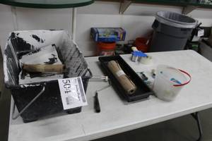 lot 504 image: Paint and Plumbing Supplies  with Paint Rollers, Paint Trays, 12x180 Masking Paper, Various Brass Plumbing Fittings