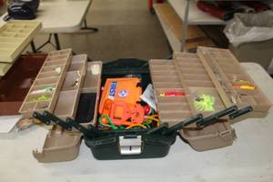 lot 499 image: Plastic Tackle Box  with Fishing Tackle, Lures, Jigs, Hooks, First Aid Kit