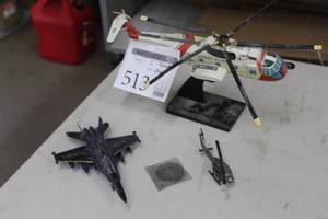 lot 513 image: Lot of (3) Toys  - Coast Guard Sikorsky HH-3F Pelican 148 Helicopter on stand, Army Medical Chopper, Military Jet Fighter