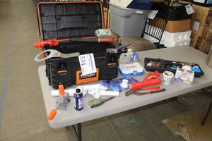 lot 534 image: Plumbing Tools and Supplies  with Ridgid Faucet & Sink Installer, Needlenose Pliers, Toilet Fittings, Lenox Tubing Cutter Kit, Crescent Wrench, Pipe Wrench 16, Hardi Backer, Various Tools and Hardware