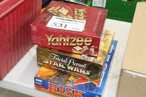 lot 531 image: Lot of (3) Board Games  - Yahtzee, Trivial Pursuit Star Wars Classic Trilogy Collectors Edition, Risk