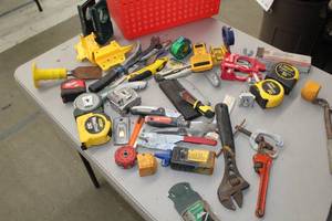 lot 586 image: Hand Tools  with Pipe Wrench, Tape Measures, Crescent Wrench, Box Cutters, Blade Replacement, Chisel and more
