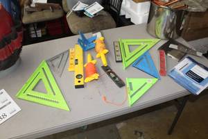 lot 587 image: Lot of (Approximately 13) Levels, Rulers, Squares, Plumb Lines, Hardware Alignment Template