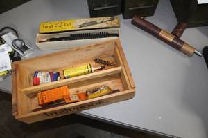 lot 367 image: Gun Accessories  with Gun Oil, Cleaner Brushes, Duck Call, Misc.