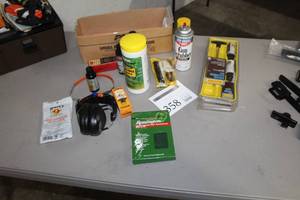 lot 358 image: Gun Accessories  with Cleaning Gear, Rust Preventative Cloths, Firearm Lubricant, Gun Scrubber, Ear Protection