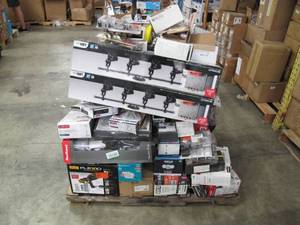 lot 365 image: Assorted Pallet of Construction Materials and Home Building items - Delta, Kwikset, Globe Lighting, Moen, Universal Hardware, Etc