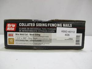 lot 406 image: Grip-Rite 1-34 in. x 0.090 in. 15° Stainless Steel Collated Siding Nails (1,800-Pack)