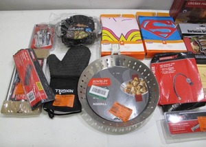 lot 415 image: Lot of 15 BBQ Grilling Parts and Accessories -Knife Set, Aprons, Hot Mitt, Bowls, Regulator, Grill Cover